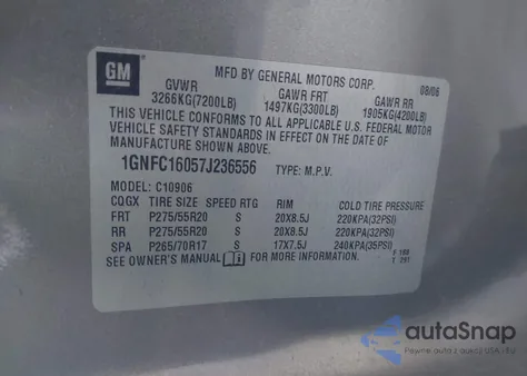 2007 Chevrolet Suburban 1500 Ltz z USA, uszkodzony, nr VIN 1GNFC16057J236556